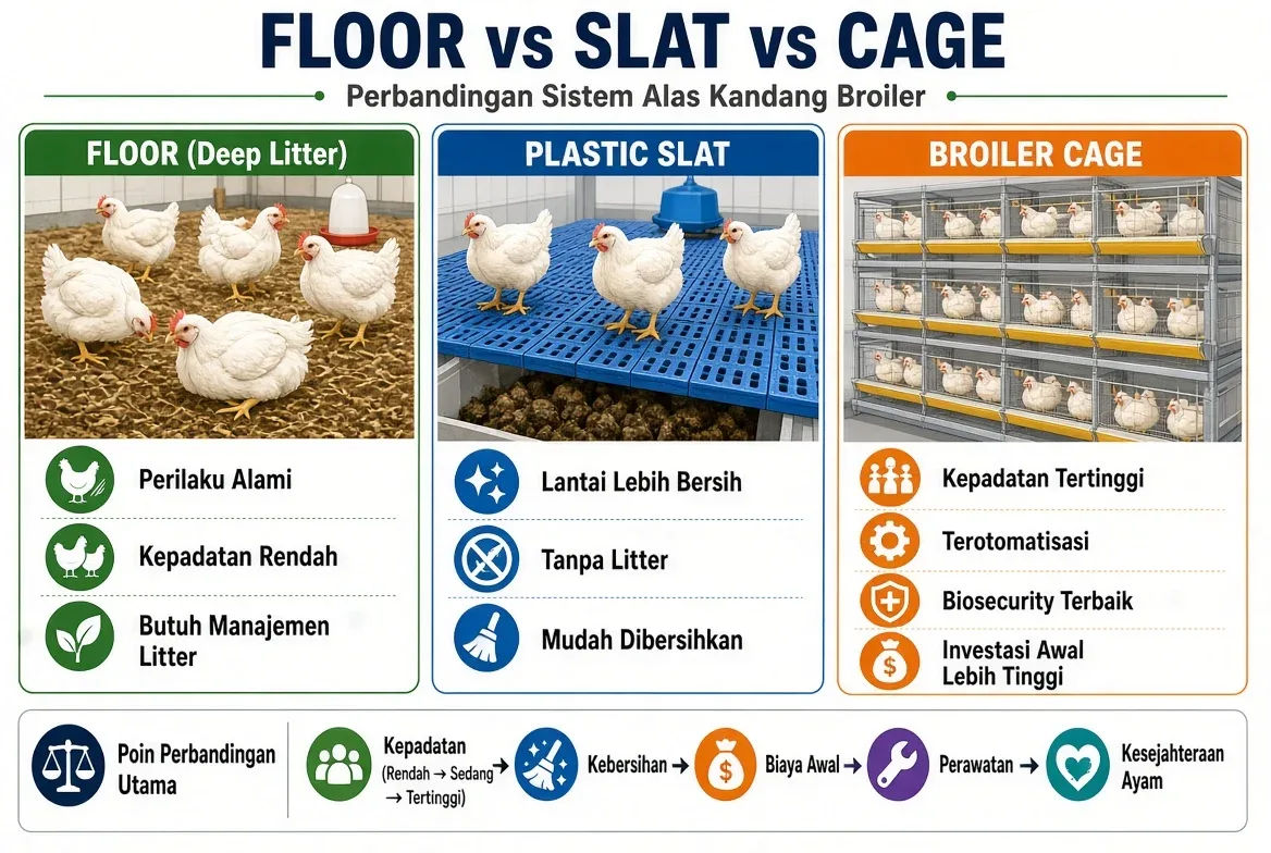 Floor/Litter vs Plastic Slat vs Broiler Cage